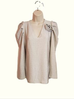 Alex & Parker NEW Metallic Puff Sleeve Rosette Knit Party Top Silver Medium